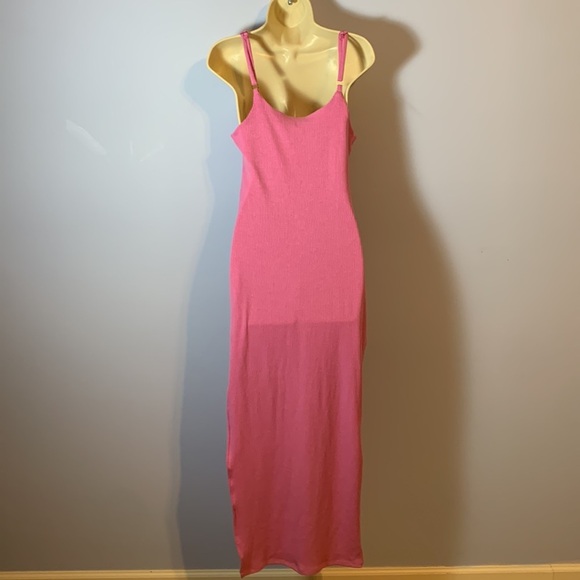 Vici Luna pink ribbed Spaghetti strap Maxi Dress side slit fitted small made USA - Picture 4 of 7